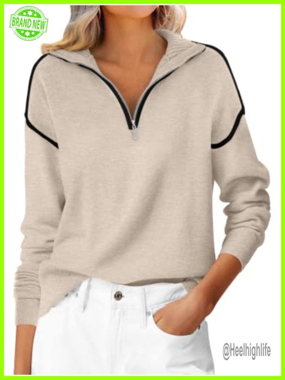 Quarter Zip Pullover Sweater Long Sleeve Knit V-Neck Collared Loose Fit